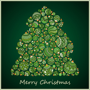 程式化的设计绿色圣诞树，圣诞球