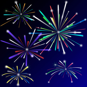 的不同彩色烟花在夜空星星与火花在蓝色和紫罗兰色夜空背景的烟花表演