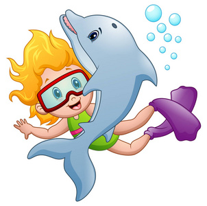 快乐的海豚浮潜女孩