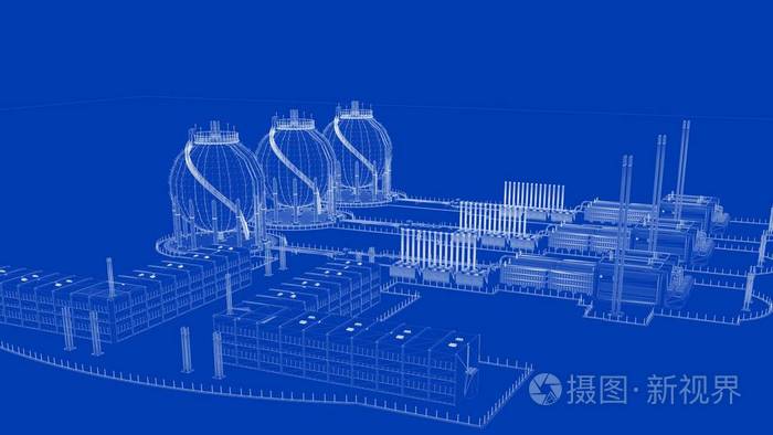 3d. 绘制具有详细对象的蓝图工业城市