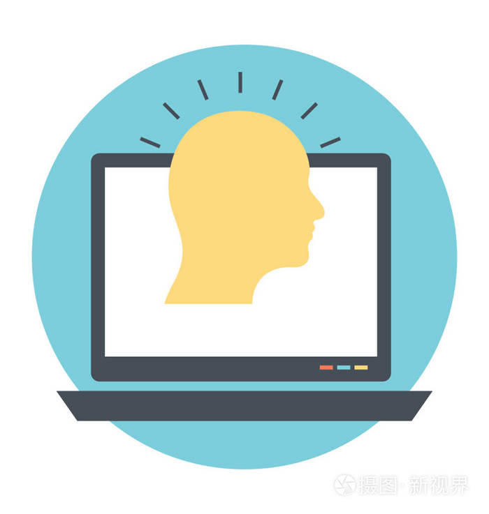 带有人脸发光的笔记本电脑智能化个人助理的平面图标设计