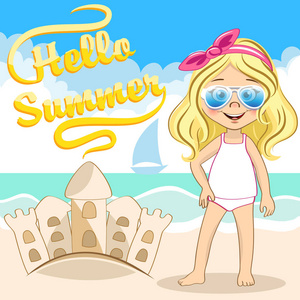 矢量可爱的金发女孩酷蓝色太阳镜和在海海滩的沙堡。你好夏天图