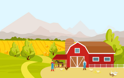 红色农场谷仓田野人和家畜在卡通平面设计中的山地乡村景观矢量图解