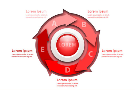 五主题红色箭头图在剪纸风格与大理石圈子在中心为网站展示封面海报矢量设计图表插图概念