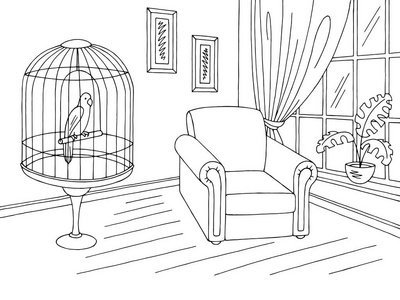 客厅里图形黑色白色内饰素描图矢量照片