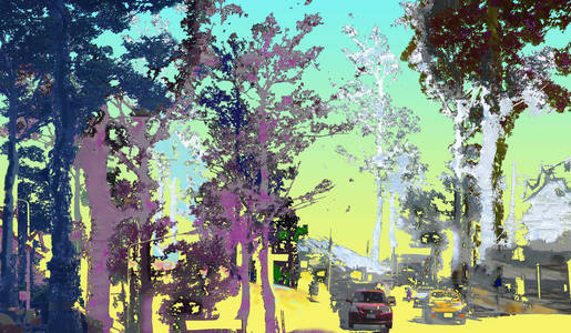 数字绘画纹理五颜六色的大树和汽车