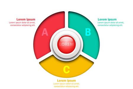 三主题彩色图表在剪纸风格与大理石圈子在中心为网站展示封面海报矢量设计图表插图概念