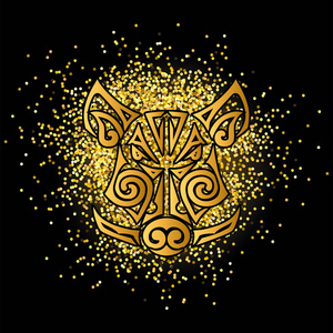 金黄野猪, 猪头被隔绝在黑背景与金黄五彩纸屑。中国2019新年的象征。矢量插图。风格的毛利人脸纹身