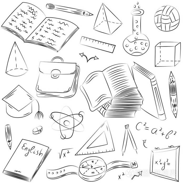 手绘学校符号.儿童图纸的球, 书, 铅笔, 尺子, 瓶, 指南针, 箭头插画-