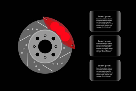 圆盘制动器和红色卡尺隔离在黑色背景和玻璃横幅为文本装饰, 汽车零件概念。矢量插画设计。Eps10