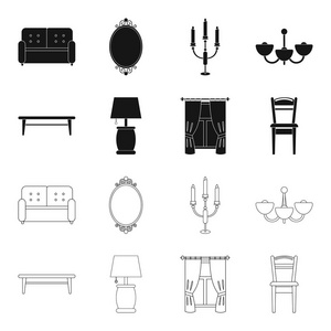 一张茶几, 一盏台灯, 一张窗帘, 一把椅子。家具集合图标黑色, 轮廓样式矢量符号股票插画网站