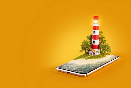 不寻常的3d 在智能手机屏幕上的灯塔插图。旅行和度假概念