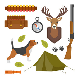 老式狩猎的一套符号露营对象设计元素平面样式猎人武器和森林野生动物和其他孤立的衣服矢量图