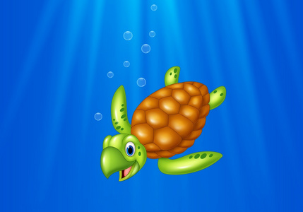 卡通海龟在大海中游泳