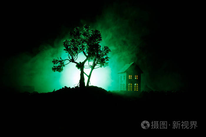 晚上在森林里有鬼魂的老房子或者在大雾中遗弃了闹鬼的恐怖屋老神秘