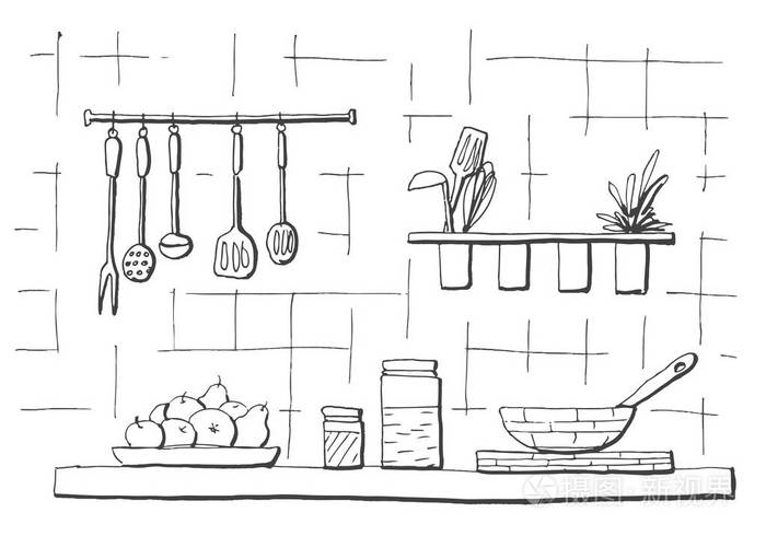 素描画厨房一角图片