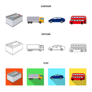 电池和运输卡通, 轮廓, 平面图标在集合中进行设计。汽车维修站矢量符号股票插画网
