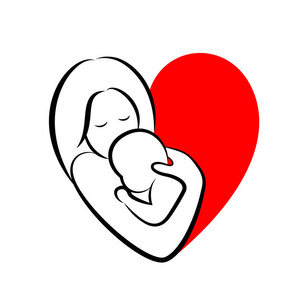 在心脏形状的母亲和婴儿的程式化矢量符号.妈妈拥抱她的孩子图标设计.