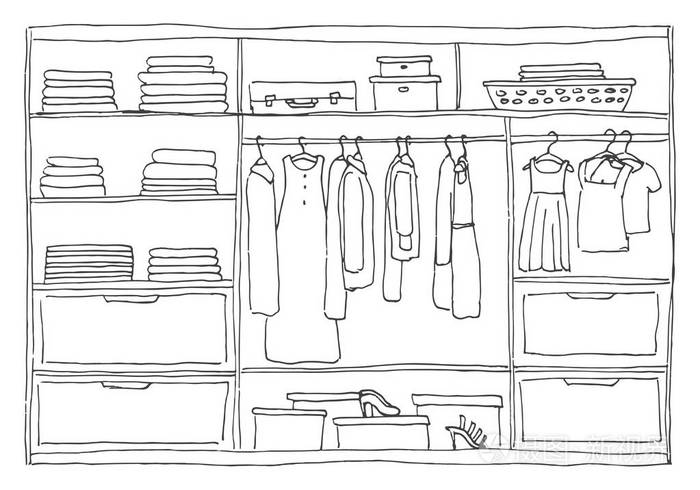 打开衣柜带架子和衣架上的衣服矢量图的素描样式