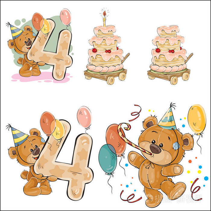 矢量插图与棕色的玩具熊, 生日蛋糕和 4 号的一套插画-正版商用图片0