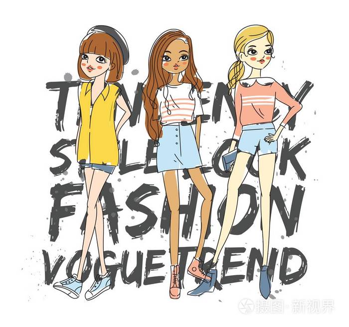 设置时装模特矢量插图文本