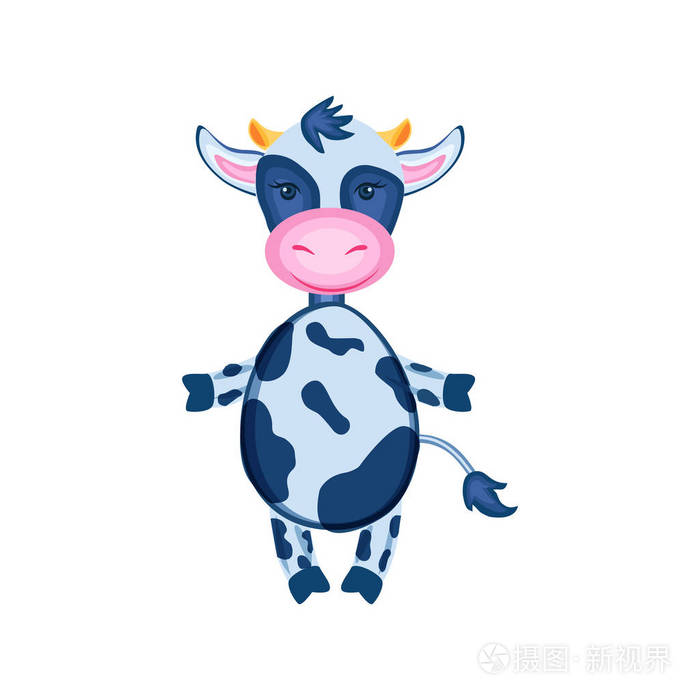 卡通小牛矢量手绘儿童动物 国内可爱的奶牛站在白色背景隔离 字符