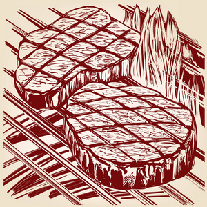 食品肉类, 牛排, 烤, 烤手画矢量插画写实素描照片