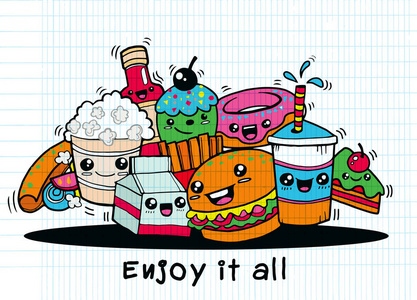 手绘漫画,平面设计矢量插图中的可爱的快餐食品.涂鸦风格照片