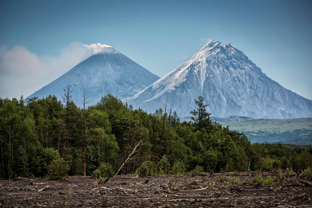 火山卡门和 Kluchevskoy，堪察加半岛