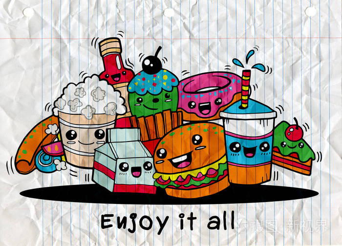 插画 手绘漫画,平面设计矢量插图中的可爱的快餐食品.涂鸦风格.eps