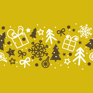 矢量无缝节日圣诞图案, 星星, 圣诞树, 金色