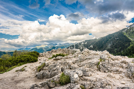 全景山景观，顶着岩石，塔特拉山