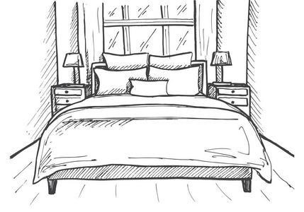 手的素描画.线性素描的内政.草绘线卧室.矢量图.房间的计划照片