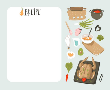 手绘矢量抽象现代卡通烹饪工作室插图食谱卡规划师 templete 与食品图标, 蔬菜和手写书法在白色背景下隔离