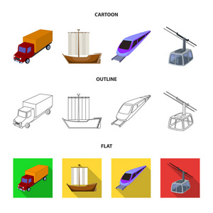 卡车, 船, 地铁, 缆车模式的运输。传输集集合图标在卡通, 轮廓, 平面风格矢量符号股票插画网站