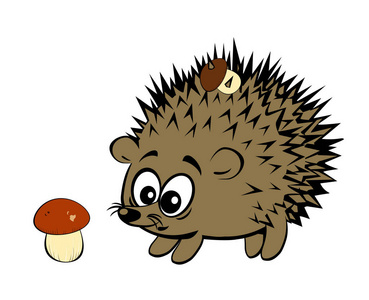 一个可爱的卡通风格棕色刺猬收集在白色分离蘑菇的矢量插图