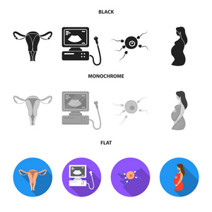 子宫, 超声仪, 受精。怀孕集合图标在黑色, 平, 单色风格矢量符号股票插画网站