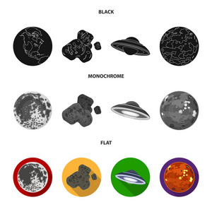 月亮, 太阳系行星的金星。零, 一颗陨石。行星集合图标在黑色, 平, 单色风格矢量符号股票插画网站