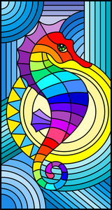 插图在彩色玻璃风格与神话般的抽象鱼海马, 彩虹鱼在蓝色背景下