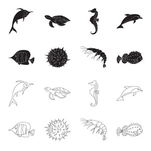 虾, 鱼, 刺猬和其他物种。海洋动物集合图标黑色, 轮廓样式矢量符号股票插画网站