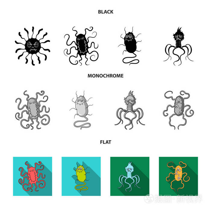 不同类型的微生物和病毒。病毒和细菌集合图标黑色, 平, 单色风格矢量符号股票插画网站