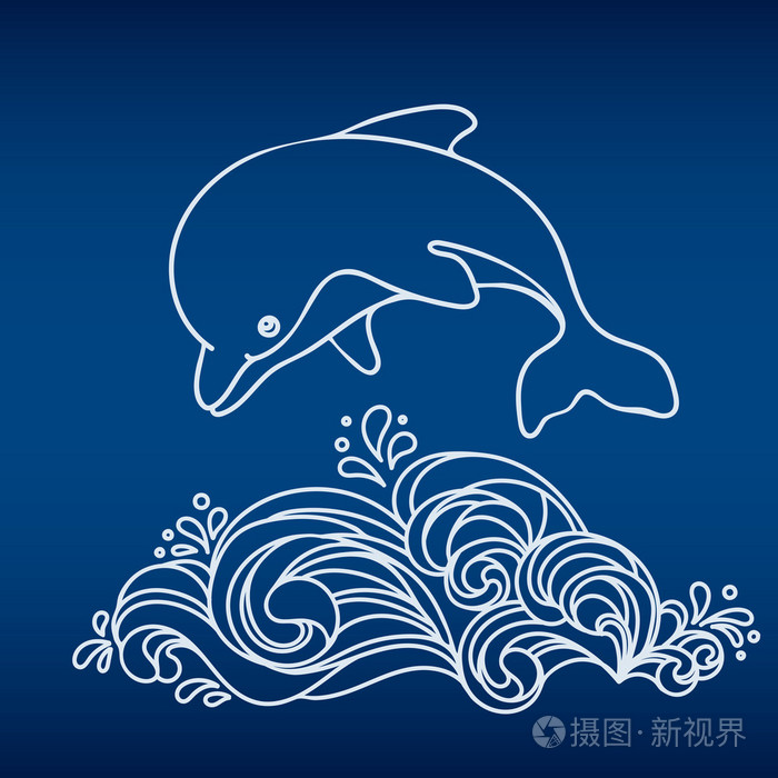 手在深蓝色的背景上绘制跳跃的海豚和波插画 正版商用图片0nv6z1 摄图新视界 手在深蓝色的背景上绘制跳跃的海豚和波插画 正版商用图片0nv6z1 摄图新视界