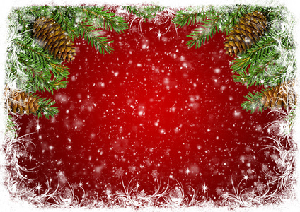 红色圣诞背景白色霜和云杉枝