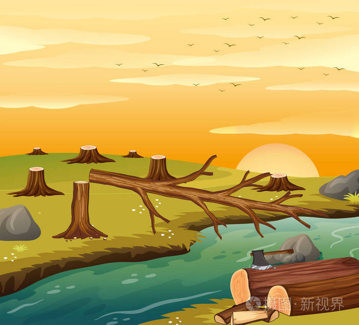 砍伐森林场景在日落时