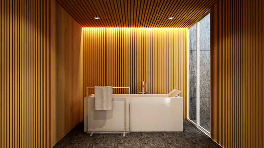 室内设计3d 渲染的酒店或公寓艺术品的浴室和室外视图