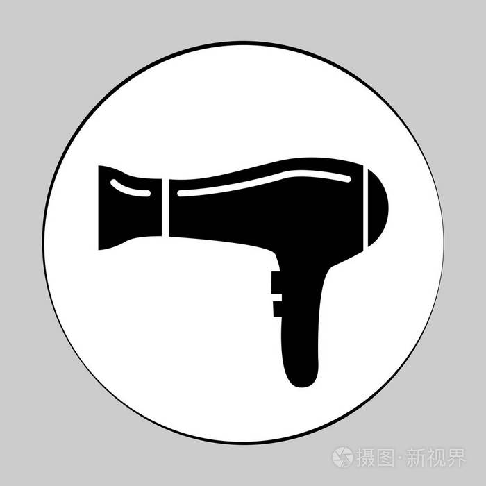 吹风机标志图标.头发干燥的符号.热空气吹.打开.圆形平面按钮与阴影.