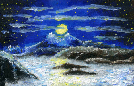 油画。满月在山里