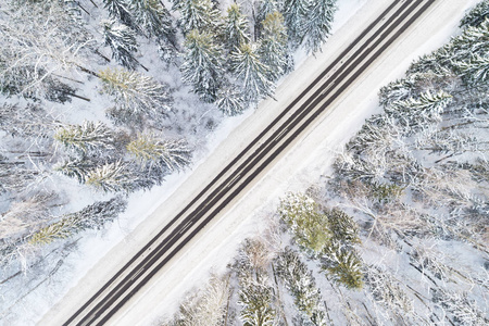 在冬季森林道路的鸟瞰图