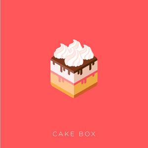 蛋糕盒插图。烘烤和交付图片。面包店和甜咖啡的图标。一个漂亮的蛋糕像盒子里有巧克力, 糖浆和奶油