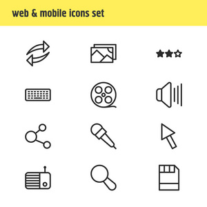 矢量图12媒体图标线条样式。可编辑的麦克风扩音器电话和其他图标元素集